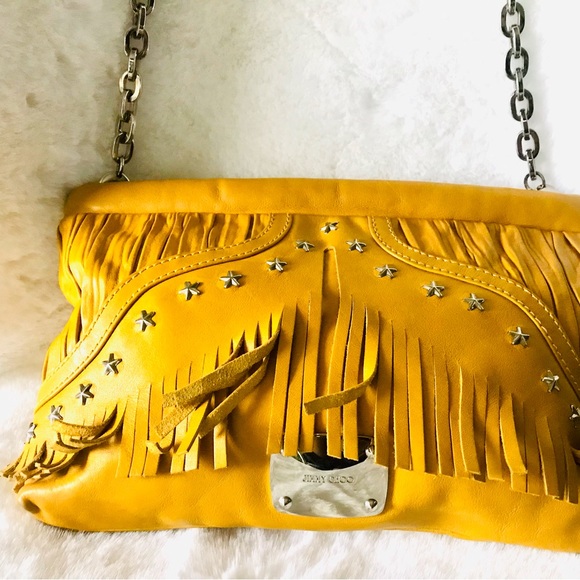 JIMMY CHOO INA NAPPA FRINGED MUSTARD YELLOW LEATHER CLUTCH (AUTHENTIC) - Picture 2 of 12